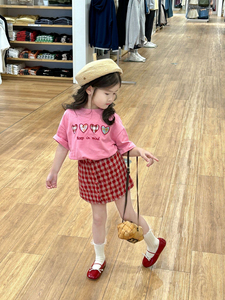 女童甜美套装2024夏季新款韩版童装心形短袖T恤宝宝复古半身裙子