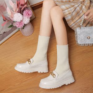 儿童女童时尚网红弹力袜子靴米色毛线靴平底秋冬季加绒马丁靴韩版