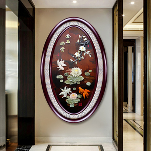 新中式客厅玄关玉雕装饰画中国风竖版走廊过道3d立体浮雕玉石挂画