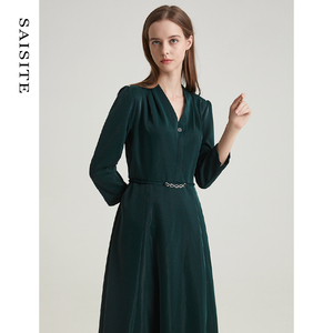 赛斯特女装23新款春夏v领收腰九分袖a字中长连衣裙 l061