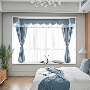 u型l飘窗窗帘窗幔短帘全遮光双面棉麻简约现代清新纯色免打孔布帘