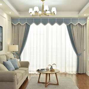 新中式帘头帘幔雪尼尔遮光布帘北欧简约清新素雅高端大气客厅窗帘