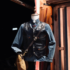 美式复古西部马甲茶芯马皮咔叽工装真皮马甲