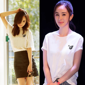 明星杨幂同款白色t恤女短袖简约2018夏装新款宽松圆领刺绣情侣装
