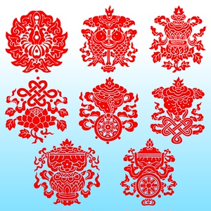 八宝图窗花剪纸藏族宝伞宝瓶金鱼轮莲花白海螺吉祥结玻璃墙贴装饰