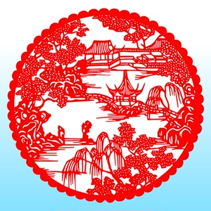 西湖风景建筑亭台楼阁长廊怪石杨柳假山剪纸窗花贴纸传统装饰成品