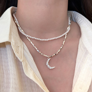 法式双层珍珠碎银子金属月亮项链女设计感复古个性百搭颈链锁骨链
