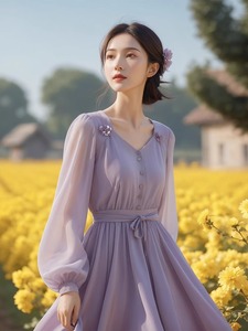 紫色雪纺连衣裙春秋女装超好看气质收腰超仙森系茶歇法式绝美裙子
