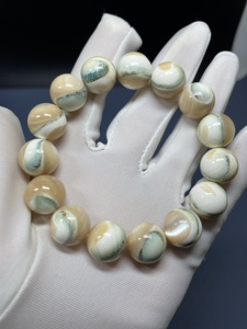 天然贝壳夜月光贝太极纹手链14mm孔雀翎圆珠 翡翠绿手串 特色包邮