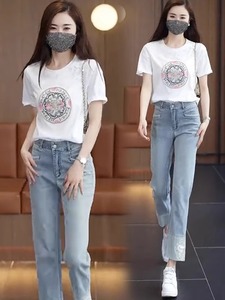 新中式牛仔裤套装女2024夏季新款洋气质时尚T恤九分直筒裤两件套