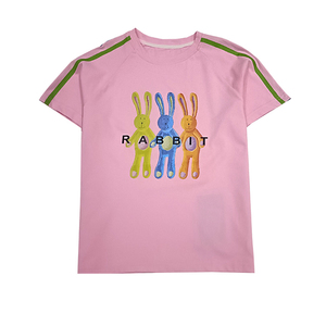 柏怡轩子女童全棉T恤中大童休闲短袖中大童粉色圆领印花吸汗上衣