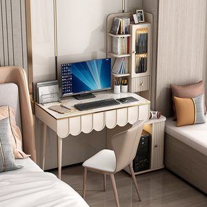 轻奢岩板卧室书桌床头柜一体小户型家用床边伸缩台式电脑桌带书架