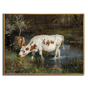 欧美外国动物壁画牛吃草油画横版玄关电表打印装饰布画挂画带框