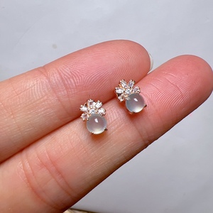 s925银镶嵌 缅甸天然a货玉石蛋面 高冰种翡翠耳钉玉耳环女款