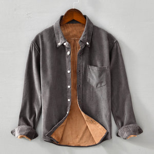 秋冬季男士复古灯芯绒加绒加厚长袖衬衫保暖衬衣修身外套纯棉衬衣