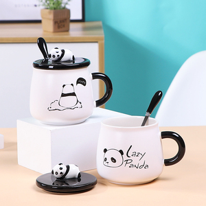 可爱超萌熊猫杯子陶瓷创意马克杯带盖勺个性潮流办公室咖啡水杯女