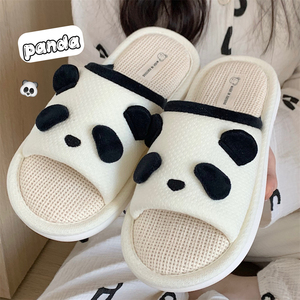 细细条 熊猫亚麻拖鞋女四季通用居家室内防滑软底可爱日式地板鞋