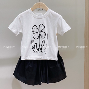 现货韩国品牌童装2024夏新款中大童女童花朵短袖T恤裙裤两件套装