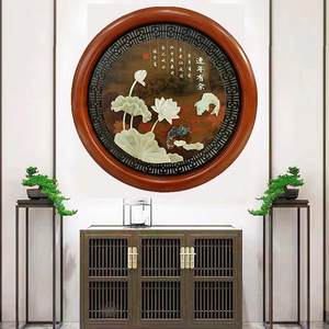 新中式玉雕玄关画60圆玉石装饰画中国风入户实木立体连年有余挂画