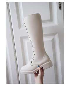 白色长靴女不过膝绑带高筒靴子骑士靴长筒靴中长款马丁靴