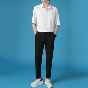 夏季男士职业正装短袖白衬衫西裤套装修身上班应聘面试衬衣免烫薄