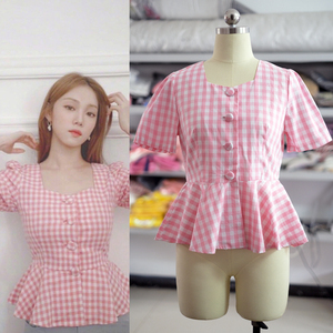 gulufen夏季新品李圣经同款韩系风优雅复古小方领粉色格子衬衫