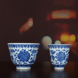 复古寒窑青花手绘缠枝莲茶杯闻香茶具 古玩古董陶瓷器仿古收藏品