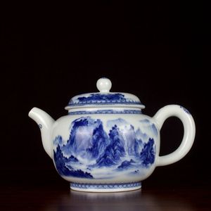 青花山水千里江山图小茶壶古玩古董陶瓷器复古中式手工茶具收藏品