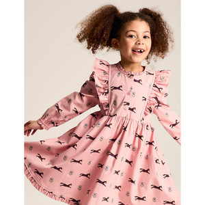 英国Joules童装代购 女童2024新款 粉色马印花纯棉长袖连衣裙裙子