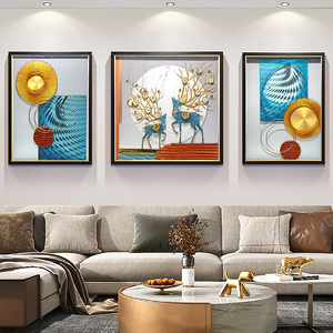 轻奢客厅装饰画沙发背景墙三联壁画时尚简约大气鹿立体实物三联画