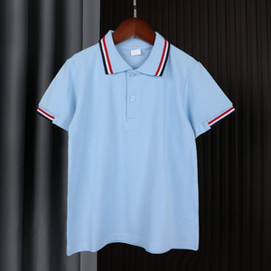 2023夏季童装校服短袖POLO衫浅蓝色红边领半袖T恤男女童学院班服