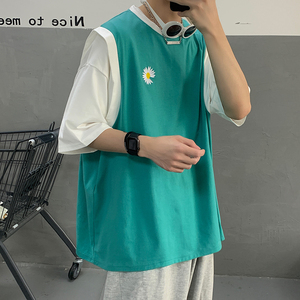 夏季五分短袖t恤男假两件ins港风宽松百搭潮流学生5分袖中袖体恤