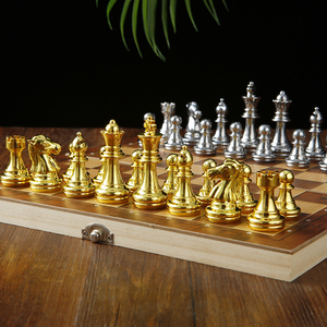 金属国际象棋便携式套装木质折叠棋盘金属棋子西洋棋复古欧式摆件