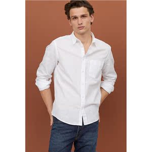 h&m专柜正品hm男装新品百搭亚麻翻折领长袖修身衬衫男衬衣0818059