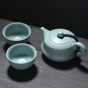 苏氏陶瓷 汝窑茶具套装忠义茶壶开片可养金线一壶两茶杯 功夫茶具