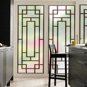 古典复古玻璃贴纸贴膜厨房窗户客厅推拉门静电磨砂中式仿红木格子