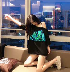 蹦迪酒吧夜总会性感连衣裙少女感穿搭露肩假两件短袖t恤衣服裙子