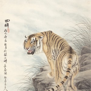 董希源 老虎回眸书画上山虎国画真迹高清微喷仿古酒店玄关装饰画