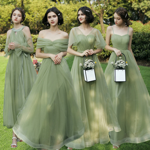 绿色伴娘服长款2023新款夏季显瘦韩版一字肩伴娘团晚礼服主持服女