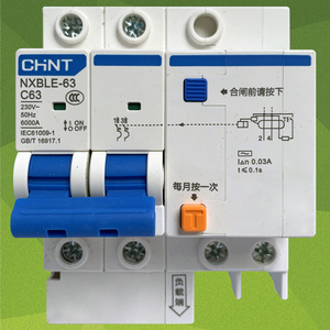 正泰漏保双极63a漏电断路器nxble-63 2p c63空气开关带漏电保护器