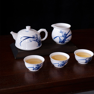 景德镇高档手绘青花瓷整套功夫茶具套装6人兰花红茶陶瓷盖碗茶具