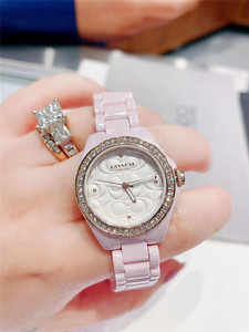 加拿大代购 coach蔻驰女表小香风粉色陶瓷表带水晶浮雕表盘 直发