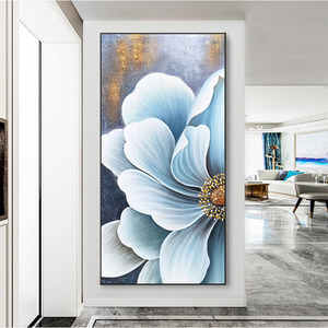 纯手绘玄关马蹄莲花卉油画抽象蓝色立体定制走廊轻奢高级感装饰画