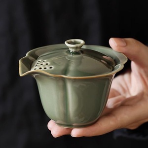 越窑青瓷盖碗茶杯主人杯复古品茗杯花口杯盖置茶壶壶承线香香插