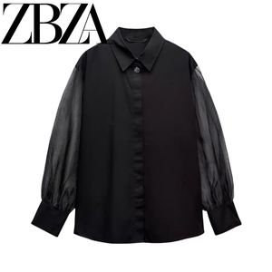 ZA 24夏季新品女装欧根纱拼接金属扣上衣半透明长袖衬衫 2157028