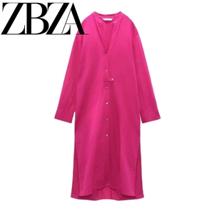 ZA 夏季新款女装衬衣裙气质V领长袖宽松亚麻长衫式连衣裙 4786080