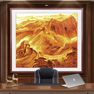 玄关装饰画正方形金色万里长城山水画中式客厅背景墙办公室画招财