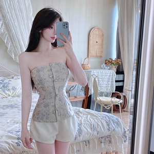 高级性感上衣女一字领露肩提花面料碎花裹胸气质显瘦钻扣抹胸3057