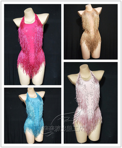 1歌手水钻彩色红色金色流苏弹力连体三角高叉拉丁舞台演出服装女