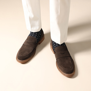 aaxfory男士一脚蹬便士乐福鞋翻毛真皮商务休闲皮鞋圆头棕色反绒